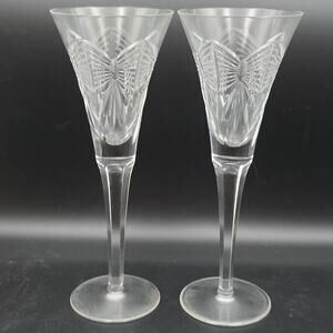 Waterford Crystal Millenium Fluted Champagne Glasses "Happiness" Set of 2 VTG